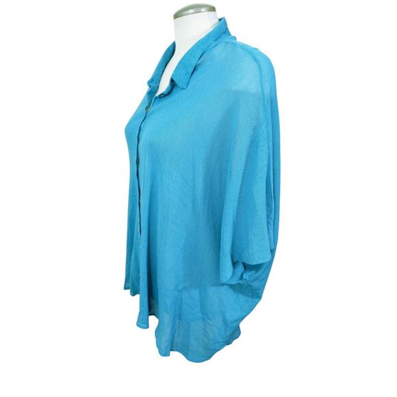 Cut Loose Womens One Size Teal Blue Sheer Mesh Collared Top Shirt Boxy Cotton - Picture 4 of 6